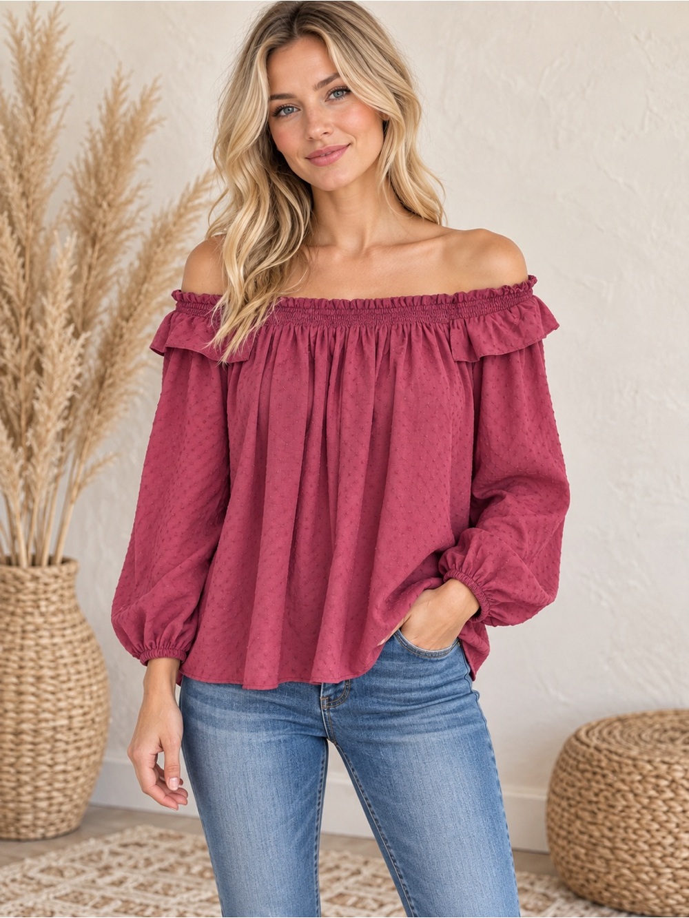 Sonoma Boho Minimalist Off-Shoulder Dotted Texture Blouse in Rust